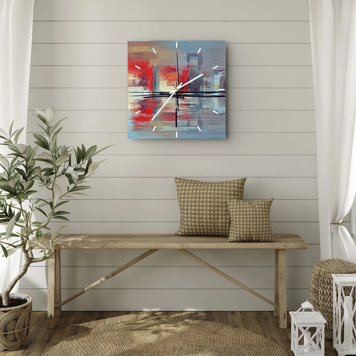 Wanduhr - Glasuhr - Eine abstrakte Komposition mit intensiven Farben, Linien und geometrischen Formen. - 30x30cm - Landschaft in einer unbekannten Dimension - Moderne Wanddekoration für Wohnzimmer und Schlafzimmer ARTTOR