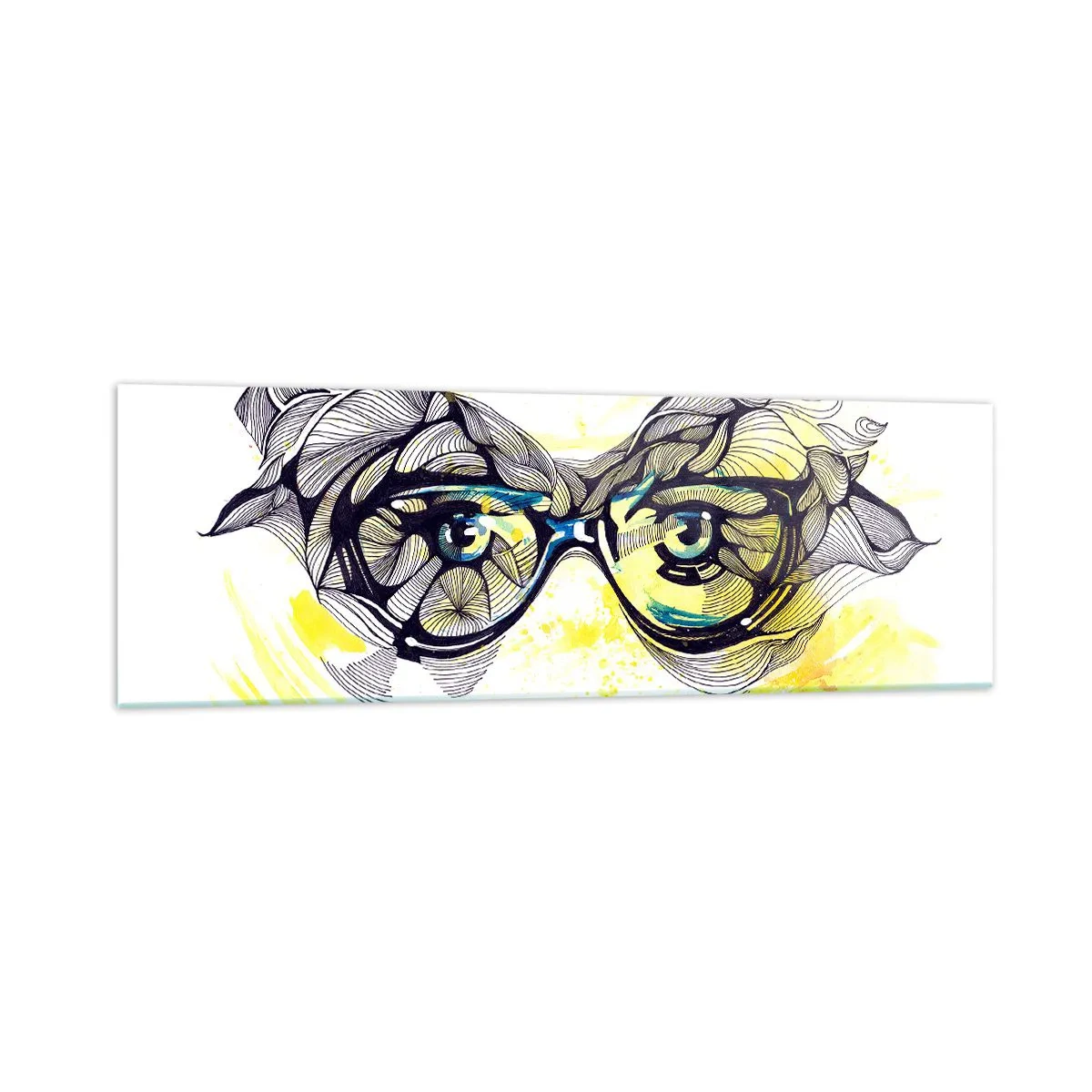 Glasbild - Bild auf glas - Künstlerische Grafik einer Brille mit ausdrucksstarken Augen - 160x50cm - Durch blaue Brille - Moderne Wanddekoration für Wohnzimmer und Schlafzimmer ARTTOR