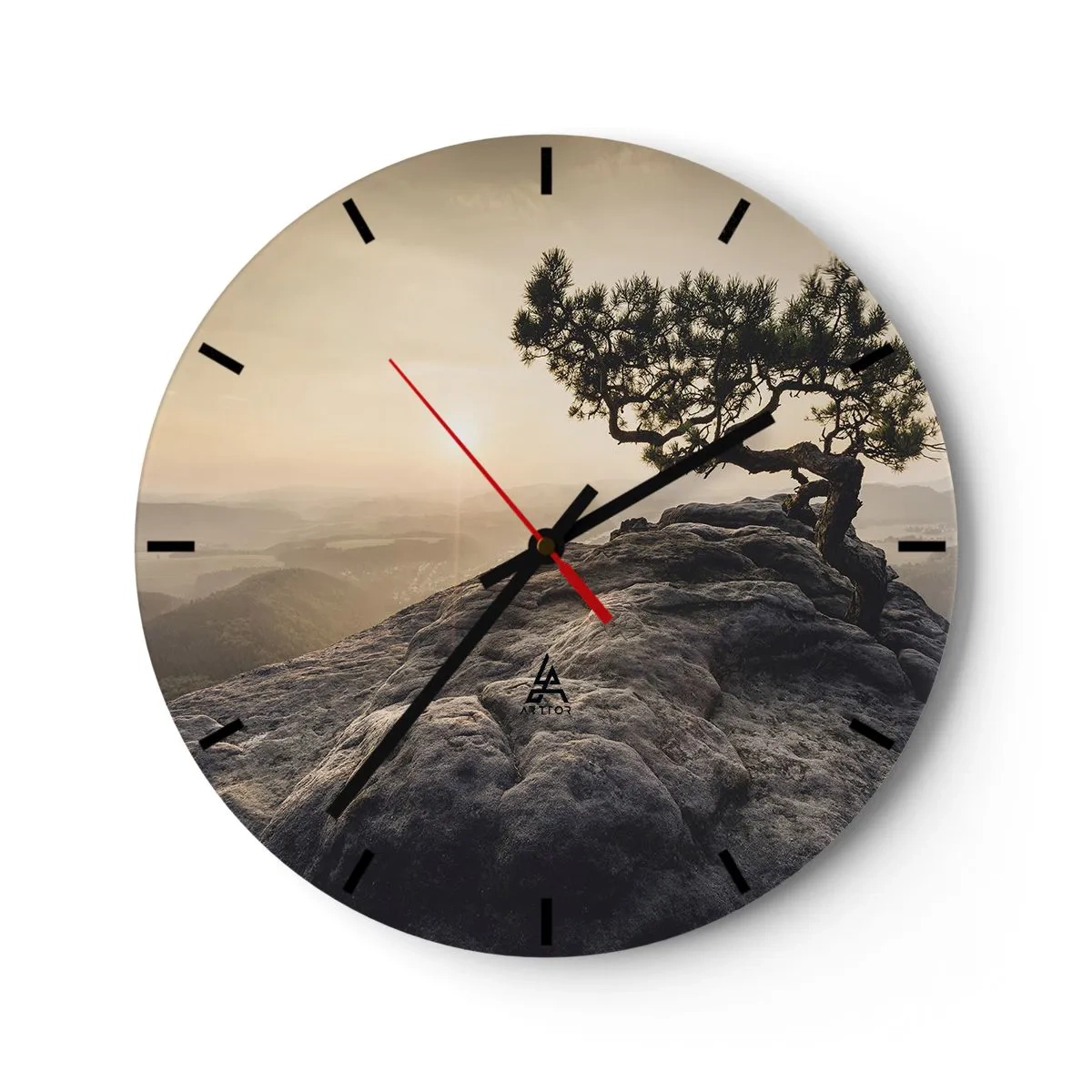 Wanduhr - Glasuhr - Ein einsamer Baum auf einem Felsen bei Sonnenuntergang - 30x30cm - Das Leben gewinnt immer - Moderne Wanddekoration für Wohnzimmer, Küche und Schlafzimmer ARTTOR