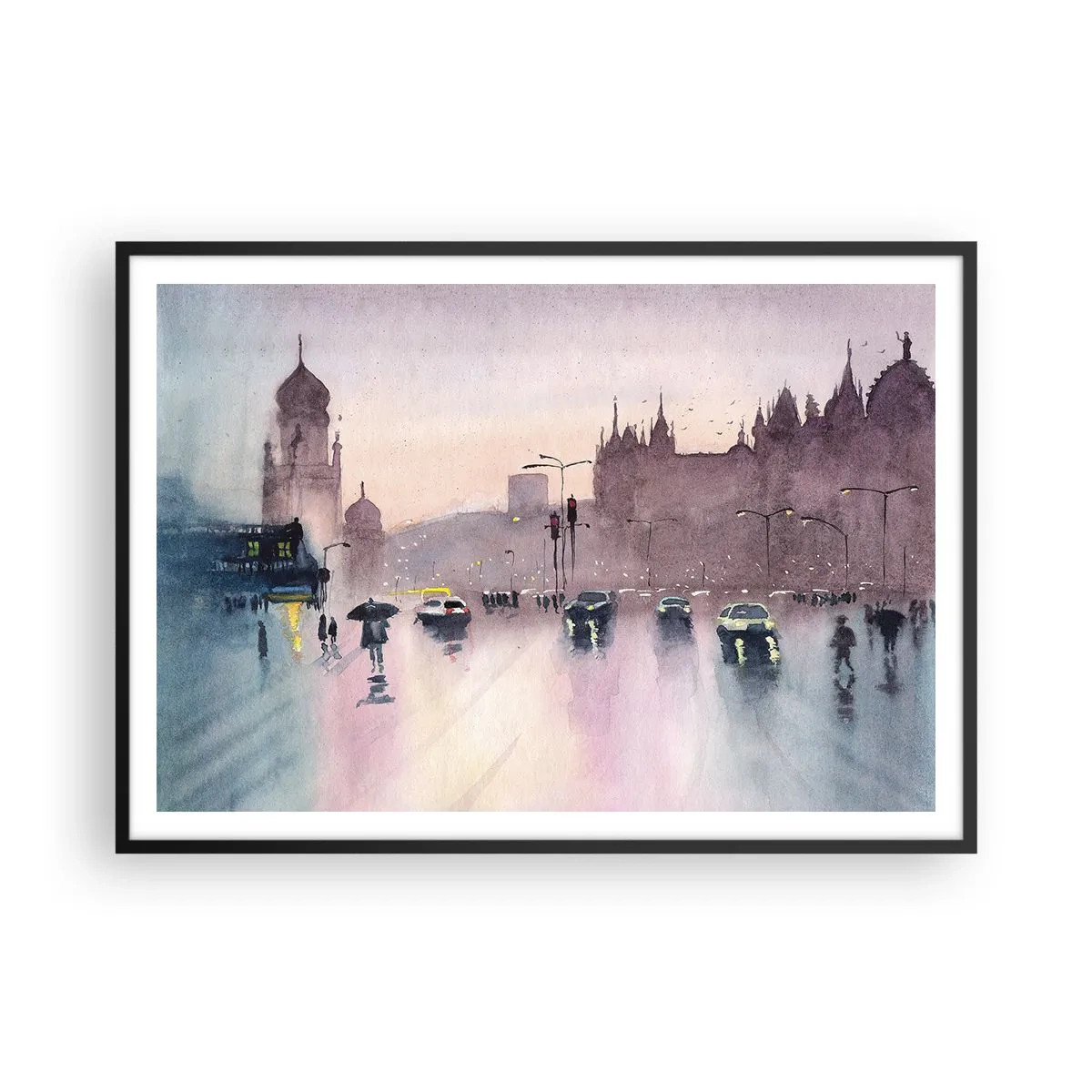 Poster in einem schwarzem Rahmen - Eine Stadtstraße in der Abenddämmerung im Aquarellstil - 100x70cm - Im regnerischen Dunst - Moderne Wanddekoration für Wohnzimmer und Schlafzimmer ARTTOR