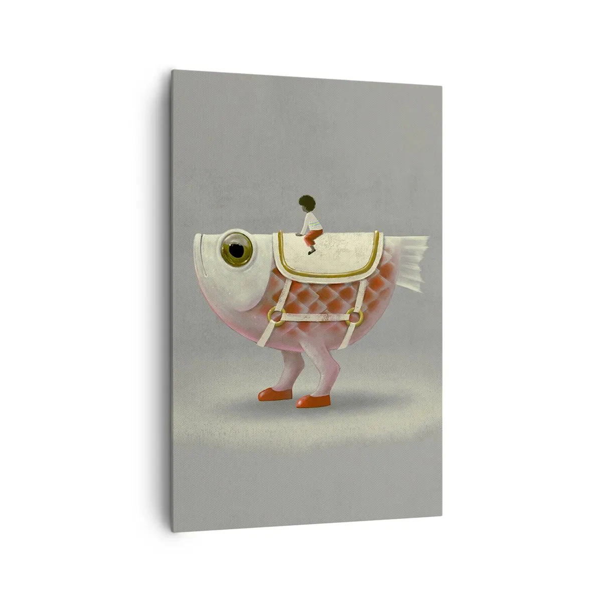 Bild auf Leinwand - Leinwandbild - Ein schicker Fischreiter mit Beinen und Sattel - 80x120cm - Reiter auf einem surrealen Fisch - Moderne Wanddekoration für Wohnzimmer und Schlafzimmer ARTTOR