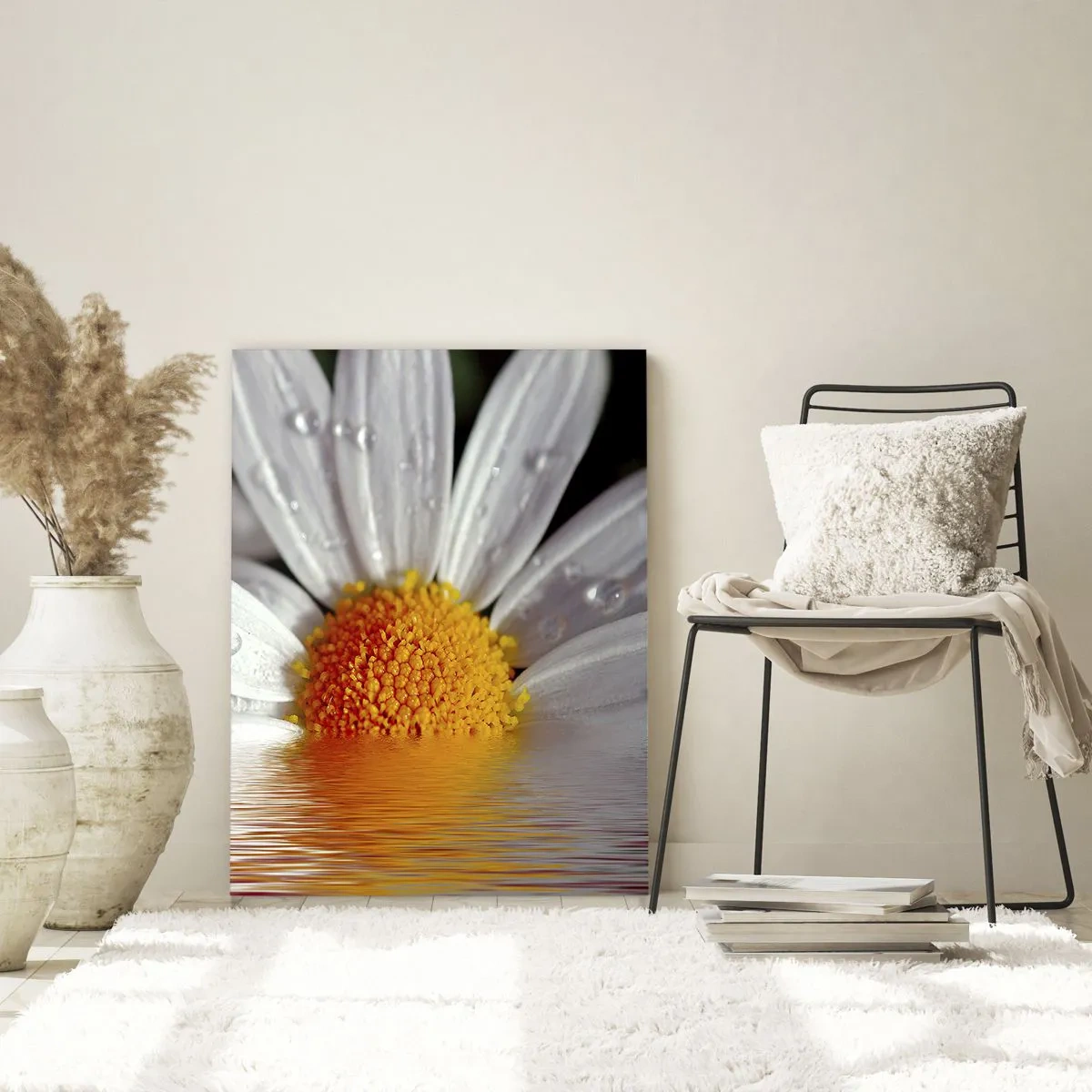 Glasbild - Bild auf glas - Ein Gänseblümchen mit Wassertropfen, die sich im Wasser spiegeln - 50x70cm - Die aufgehende Sonne der Gänseblümchen - Moderne Wanddekoration für Wohnzimmer und Schlafzimmer ARTTOR