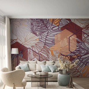 Fototapete Premium Canvas - Ein dekoratives tropisches Blattmuster in Lila-, Orange- und Beigetönen. - 100x70cm - Unmögliche Beziehung zwischen Geometrie und Natur - Moderne Wanddekoration für Wohnzimmer und Schlafzimmer ARTTOR