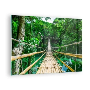 Glasbild - Bild auf glas - Eine hängende Bambusbrücke inmitten tropischer Vegetation über einem Fluss - 70x50cm - Monkey Bridge über das Grün - Moderne Wanddekoration für Wohnzimmer und Schlafzimmer ARTTOR