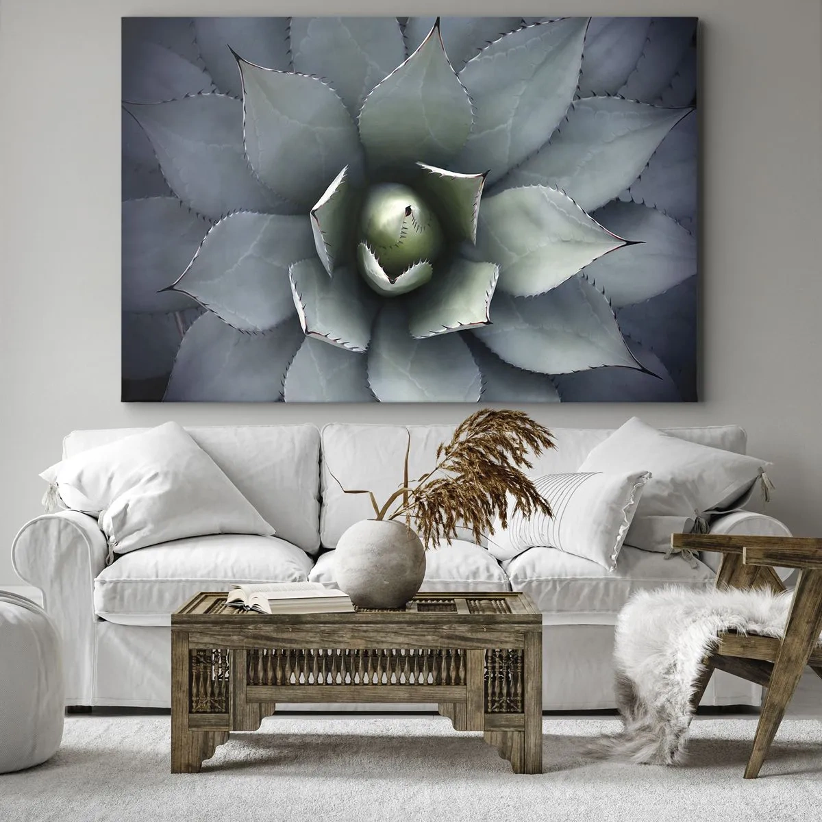 Bild auf Leinwand - Leinwandbild - Nahaufnahme einer Agavenrosette in zarten Grüntönen - 100x70cm - Es lockt an und warnt - Moderne Wanddekoration für Wohnzimmer und Schlafzimmer ARTTOR
