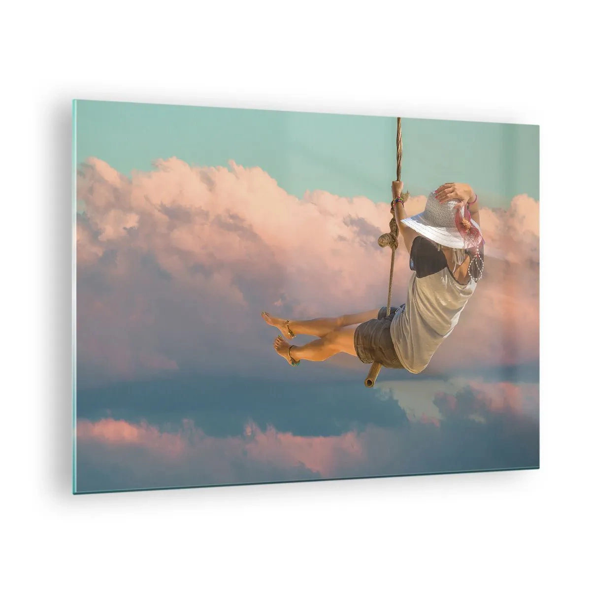 Glasbild - Bild auf glas - Mädchen auf einer Schaukel zwischen rosa Wolken - 70x50cm - Spaß in den Wolken - Moderne Wanddekoration für Wohnzimmer und Schlafzimmer ARTTOR