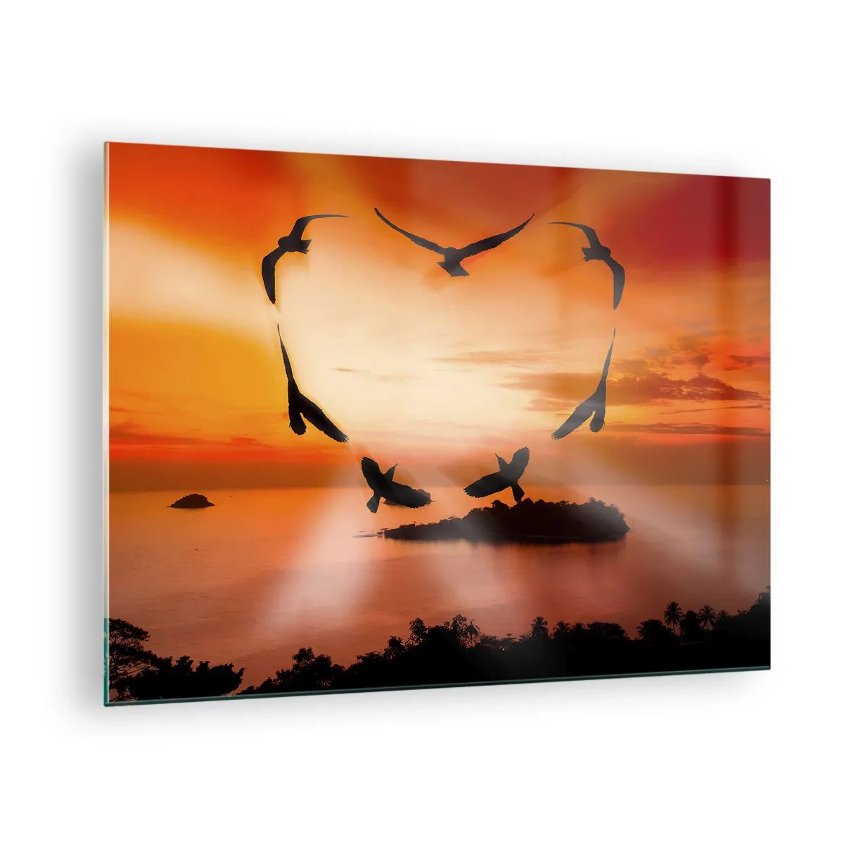Glasbild - Bild auf glas - Vögel bilden ein Herz vor dem Hintergrund eines Sonnenuntergangs - 70x50cm - Liebe die Welt wie Vögel - Moderne Wanddekoration für Wohnzimmer und Schlafzimmer ARTTOR