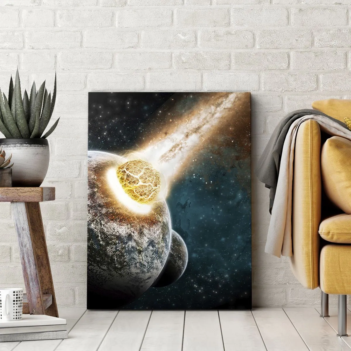 Bild auf Leinwand - Leinwandbild - Kosmische Kollision eines Planeten mit einem Asteroiden in der Nähe der Galaxie. - 50x70cm - Holocaust oder Geburt? - Moderne Wanddekoration für Wohnzimmer und Schlafzimmer ARTTOR