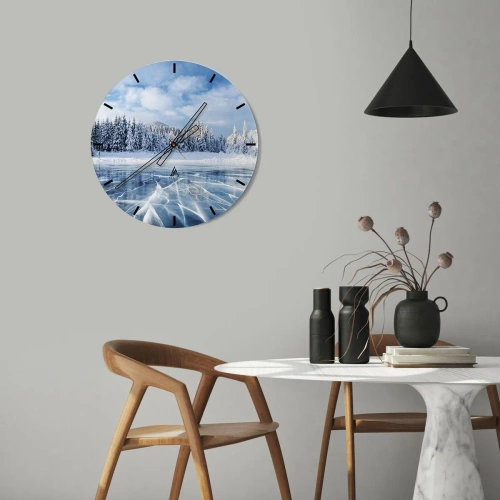 Wanduhr - Glasuhr - Winterlandschaft mit zugefrorenem See und Fichten - 30x30cm - Eine schillernde und kristallklare Aussicht - Moderne Wanddekoration für Wohnzimmer, Küche und Schlafzimmer ARTTOR