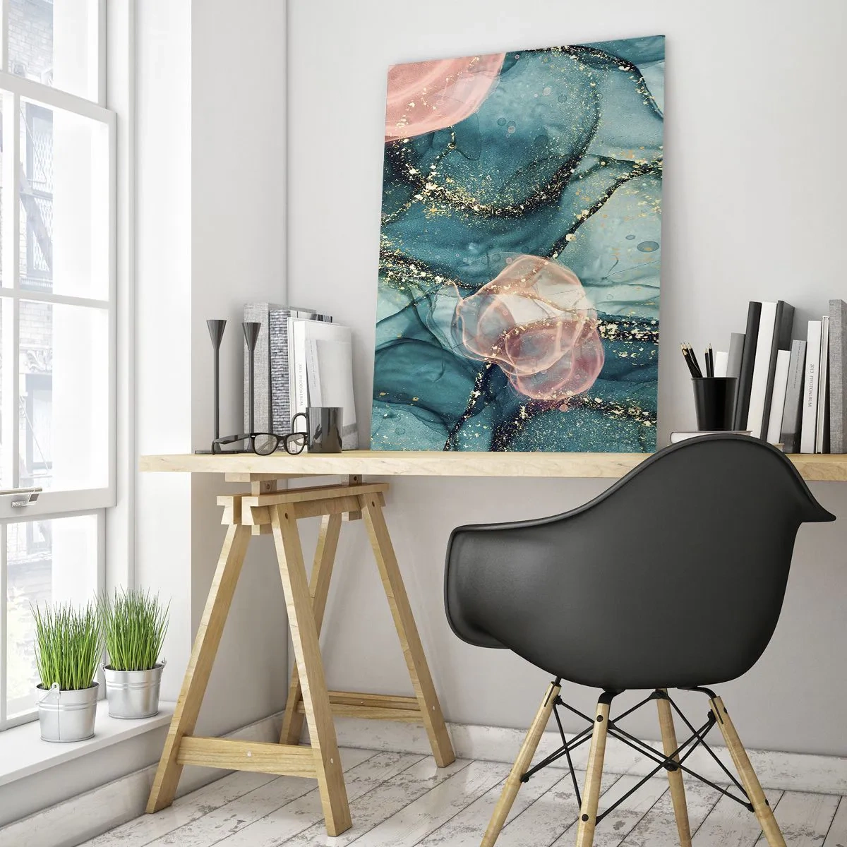 Glasbild - Bild auf glas - Abstrakte Formen in Blau und Pink mit goldenen Details - 50x70cm - Seidenblau, Tüllrosa - Moderne Wanddekoration für Wohnzimmer und Schlafzimmer ARTTOR