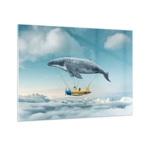 Glasbild - Bild auf glas - In einer surrealen Umgebung hebt ein Wal ein Flugzeug über die Wolken. - 70x50cm - Warum nicht? - Moderne Wanddekoration für Wohnzimmer und Schlafzimmer ARTTOR