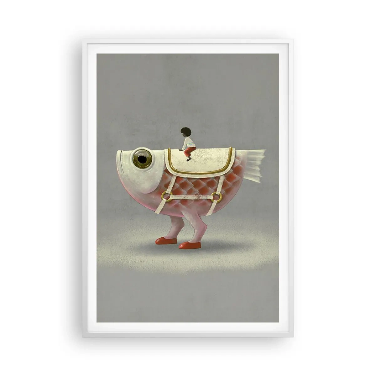 Poster in einem weißen Rahmen - Reiter auf einem surrealen Fisch - 70x100 cm