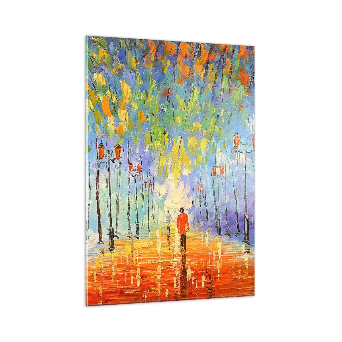 Glasbild - Bild auf glas - Ein farbenfroher Park mit einer Allee und Laternen im malerischen Stil - 50x70cm - Nachtlied des Regens - Moderne Wanddekoration für Wohnzimmer und Schlafzimmer ARTTOR