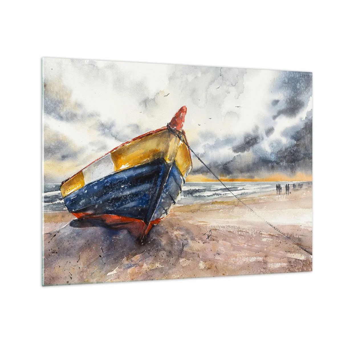 Glasbild - Bild auf glas - Ein buntes Boot am Strand an einem bewölkten Tag - 70x50cm - Erholung am Ufer - Moderne Wanddekoration für Wohnzimmer und Schlafzimmer ARTTOR