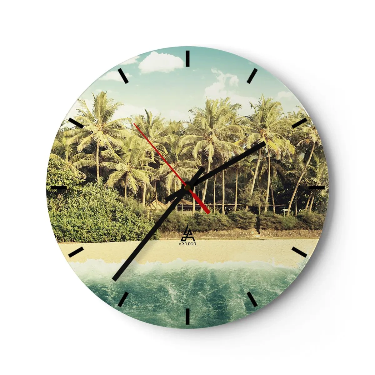 Wanduhr - Glasuhr - Ein Strand mit Palmen und türkisfarbenem Meer im Hintergrund - 30x30cm - Wie wäre es hier? - Moderne Wanddekoration für Wohnzimmer, Küche und Schlafzimmer ARTTOR