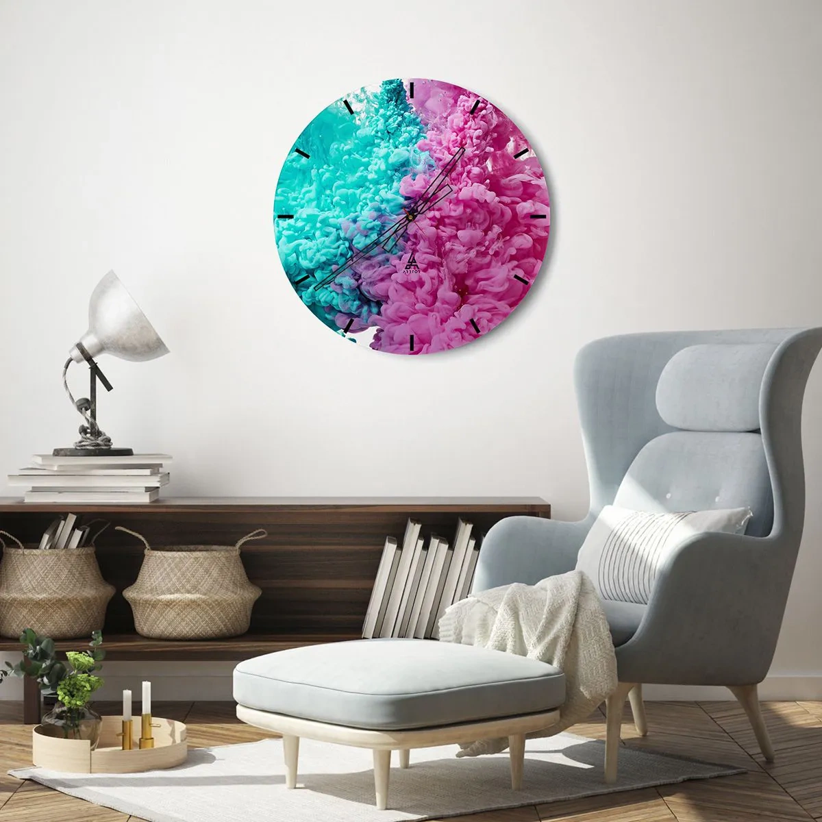 Wanduhr - Glasuhr - Abstrakte Kombination aus Rosa und Türkis - 30x30cm - Letzte Begegnung - Moderne Wanddekoration für Wohnzimmer, Küche und Schlafzimmer ARTTOR