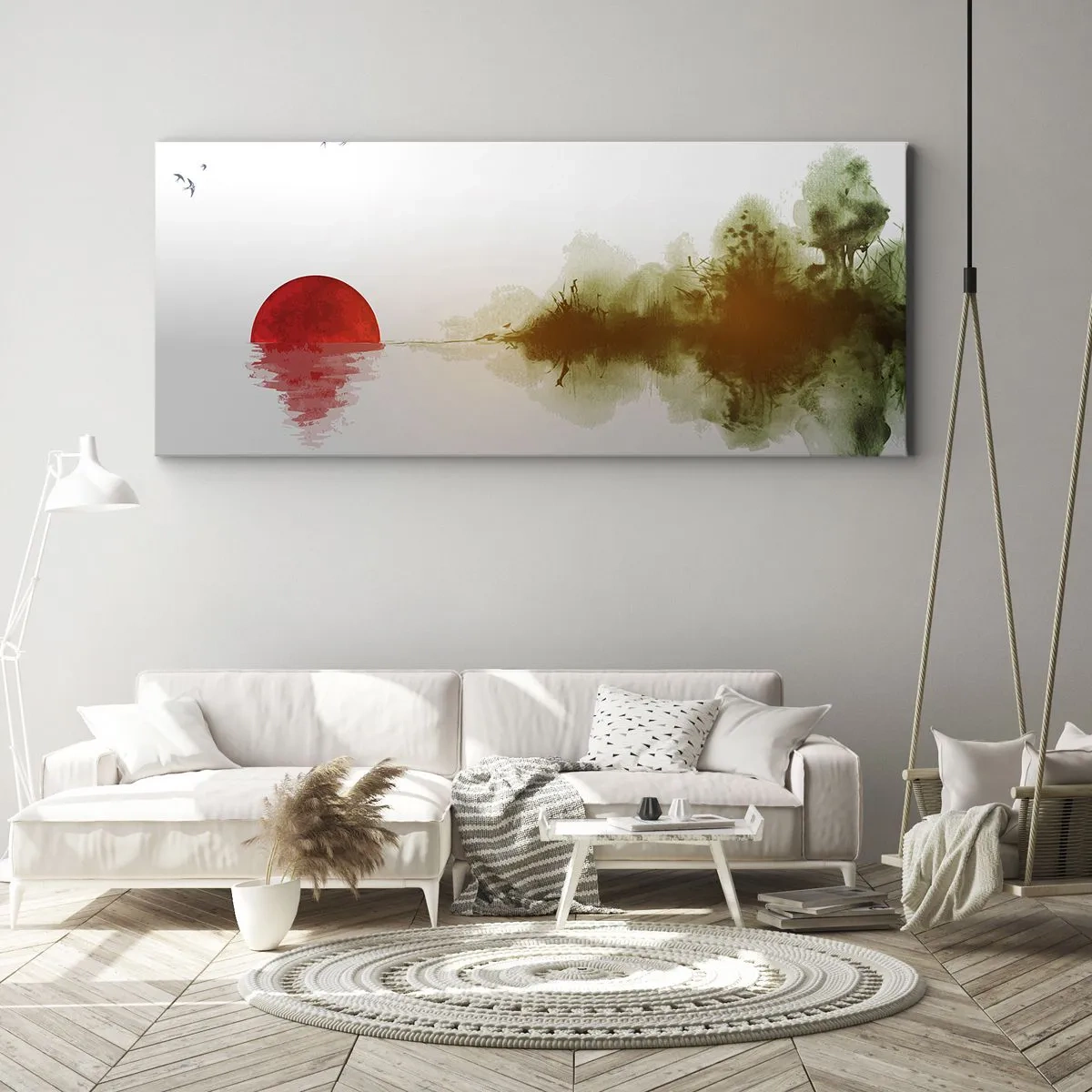 Bild auf Leinwand - Leinwandbild - Abstrakter Sonnenuntergang über einem See mit Reflexion - 140x50cm - Versprechen der Ruhe - Moderne Wanddekoration für Wohnzimmer und Schlafzimmer ARTTOR