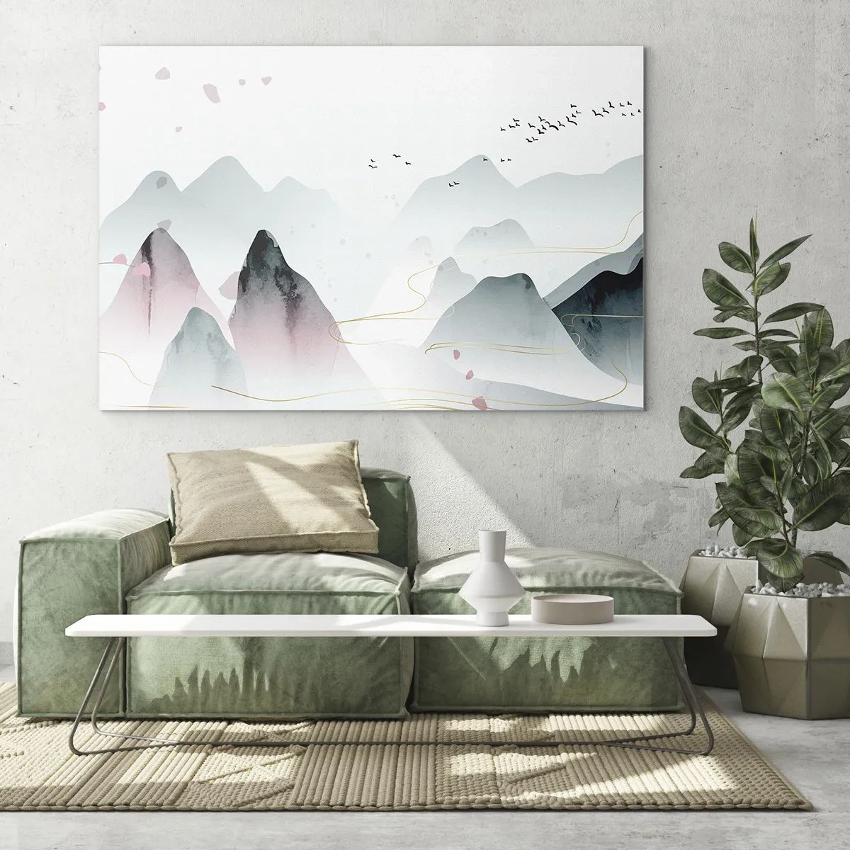 Glasbild - Bild auf glas - Pastellfarbene Berge mit einem Schwarm fliegender Vögel und goldenen Linien - 100x70cm - Über die Gipfel - Moderne Wanddekoration für Wohnzimmer und Schlafzimmer ARTTOR