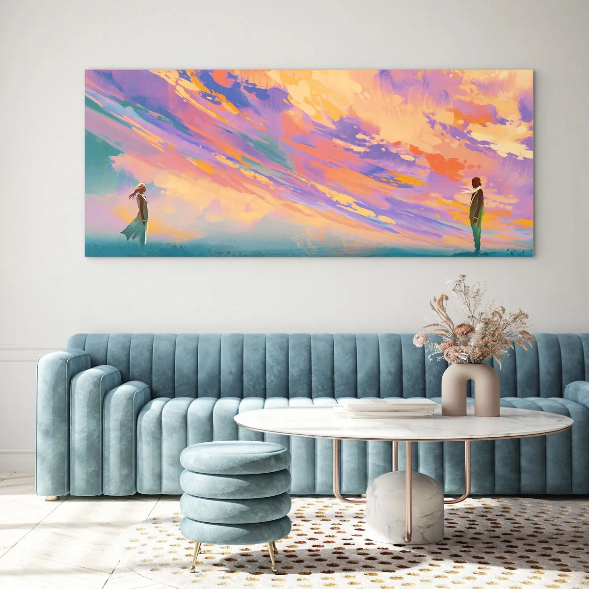 Glasbild - Bild auf glas - Eine dynamische Szene mit Figuren vor einem farbenfrohen Sonnenuntergangshimmel - 160x50cm - Die Anziehungskraft - Moderne Wanddekoration für Wohnzimmer und Schlafzimmer ARTTOR