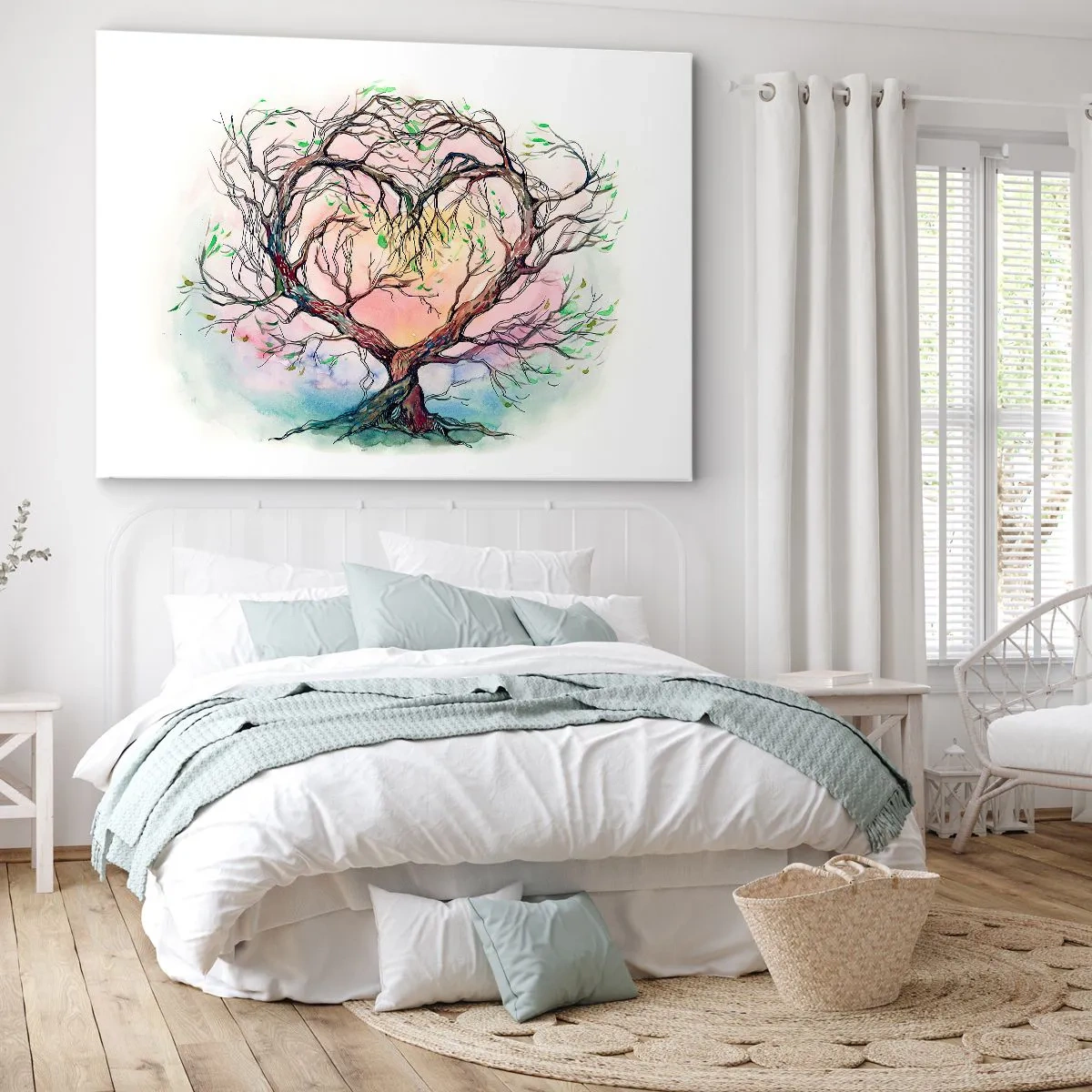 Bild auf Leinwand - Leinwandbild - Ein herzförmiger Baum vor einem Hintergrund aus zarten Pastellfarben - 120x80cm - Gemeinsam gegen die Stürme - Moderne Wanddekoration für Wohnzimmer und Schlafzimmer ARTTOR