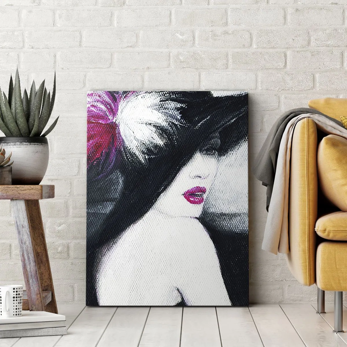 Bild auf Leinwand - Leinwandbild - Stilvolle Frau mit Federhut - 70x100cm - Immer ein Geheimnis - Moderne Wanddekoration für Wohnzimmer und Schlafzimmer ARTTOR
