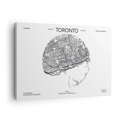 Bild auf Leinwand - Leinwandbild - Eine Karte von Toronto im minimalistischen Schwarz-Weiß-Stil - 70x50cm - Anatomie von Toronto - Moderne Wanddekoration für Wohnzimmer und Schlafzimmer ARTTOR