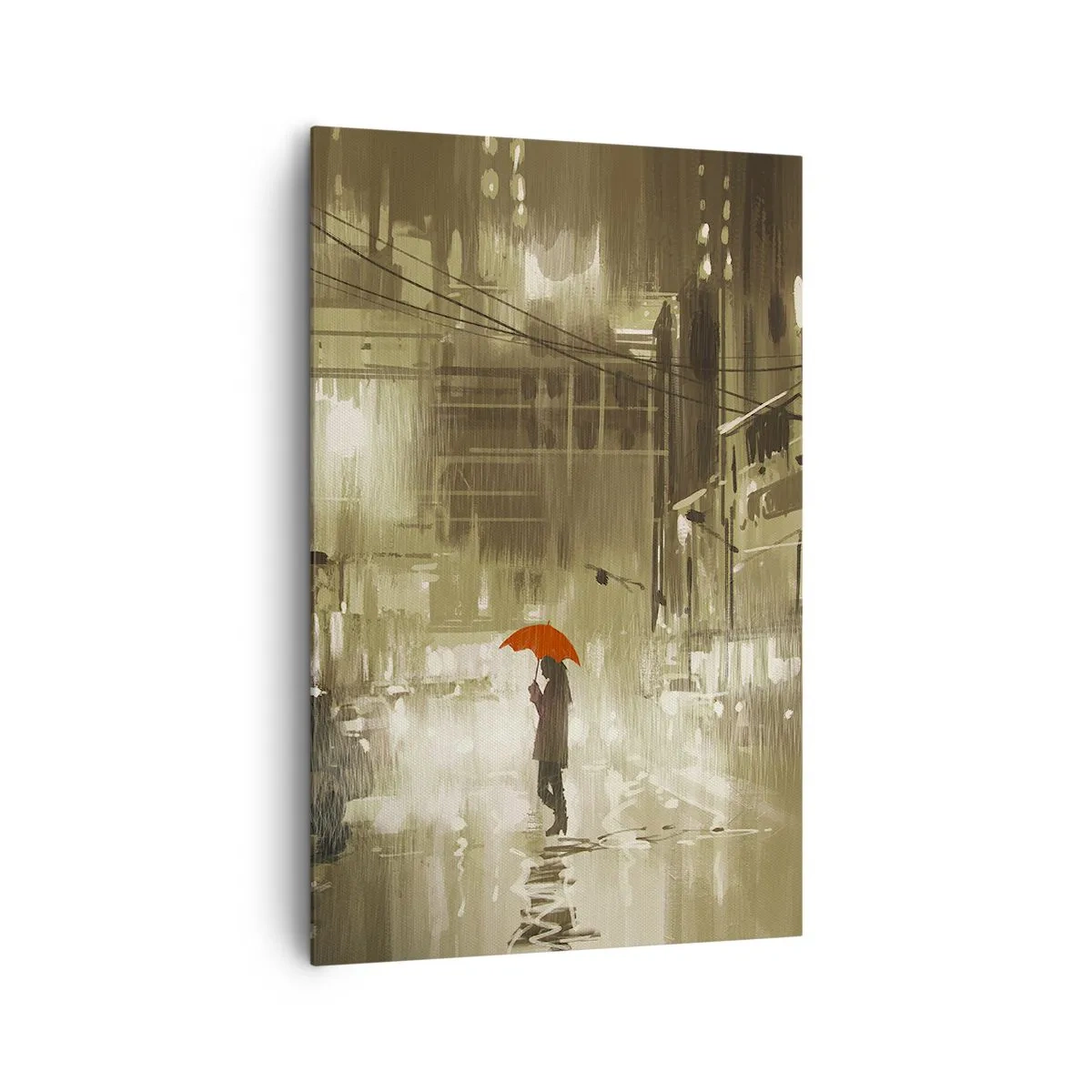 Bild auf Leinwand - Leinwandbild - Eine Figur mit einem roten Regenschirm in einer verregneten Stadt - 80x120cm - Allein aber nicht einsam - Moderne Wanddekoration für Wohnzimmer und Schlafzimmer ARTTOR