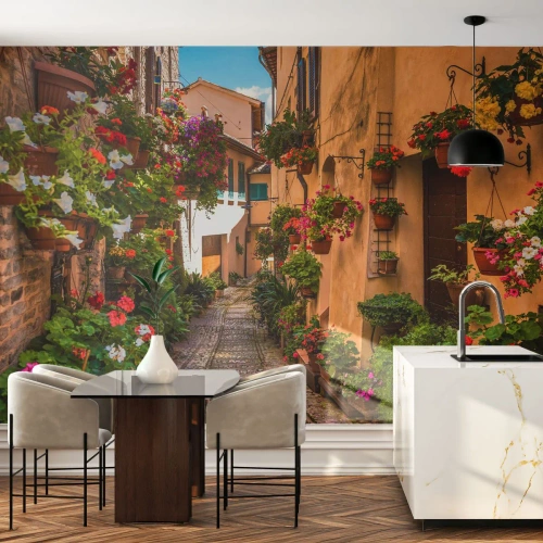Fototapete Premium Canvas - Italienische Gasse - Stadt, Blumen, Die Architektur - 400x280 cm