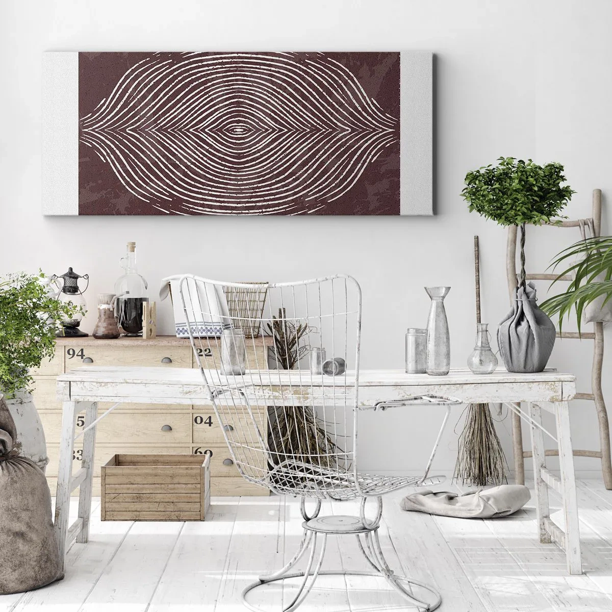 Bild auf Leinwand - Leinwandbild - Symmetrische Wellen in weißen Linien auf braunem Hintergrund - 140x50cm - Der Raum spricht - Moderne Wanddekoration für Wohnzimmer und Schlafzimmer ARTTOR