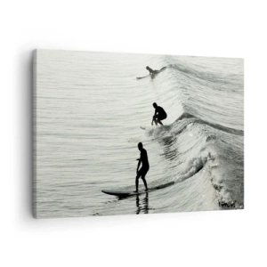 Bild auf Leinwand - Leinwandbild - Surfer auf den Wellen in einer monochromen Aufnahme - 70x50cm - Gegen die Welle - Moderne Wanddekoration für Wohnzimmer und Schlafzimmer ARTTOR
