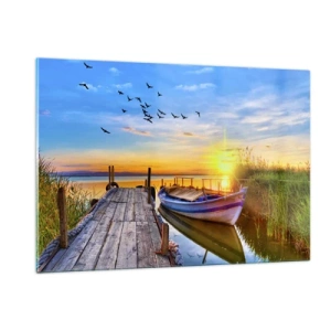 Glasbild - Bild auf glas - Holzsteg über einem See mit einem Boot bei Sonnenaufgang - 120x80cm - Bis morgen - Moderne Wanddekoration für Wohnzimmer und Schlafzimmer ARTTOR