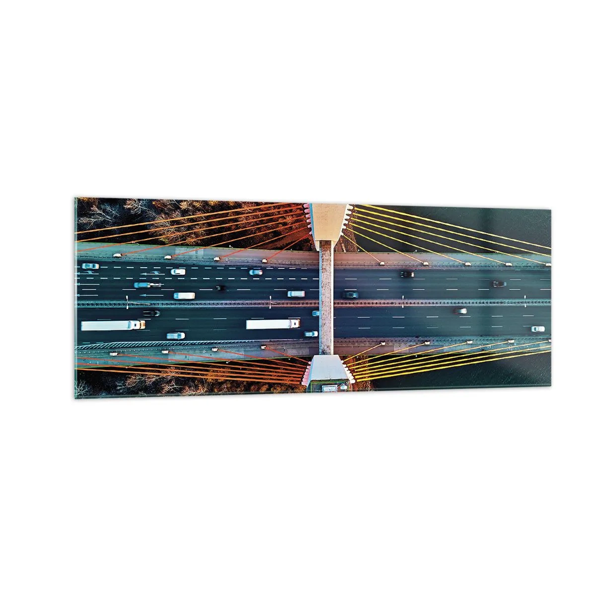 Glasbild - Bild auf glas - Luftaufnahme der Brücke über den Fluss und der Herbstlandschaft - 140x50cm - Jenseits der Gewässer, jenseits der Wälder - Moderne Wanddekoration für Wohnzimmer und Schlafzimmer ARTTOR