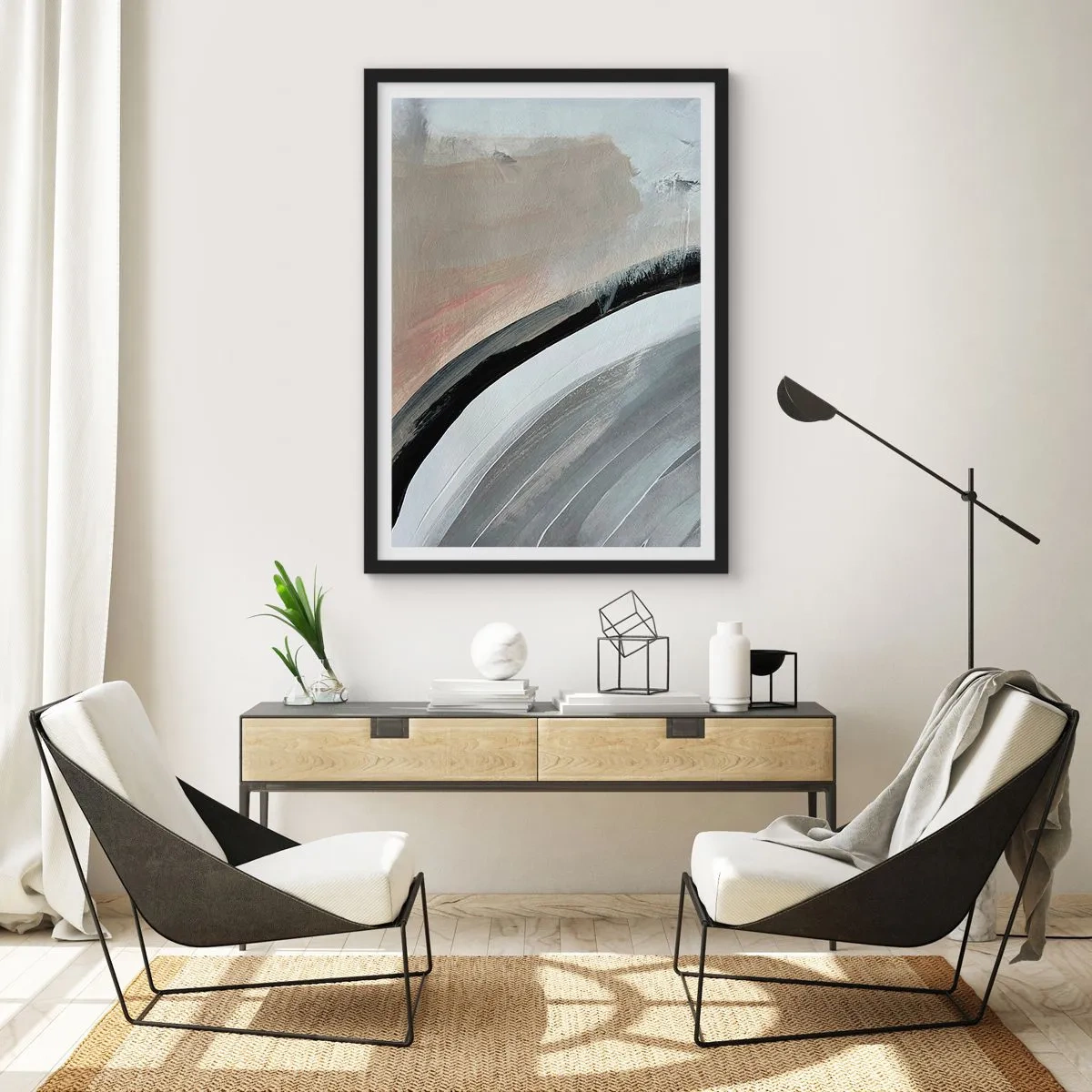 Poster in einem schwarzem Rahmen - Abstrakte Komposition mit Linien in Grau- und Beigetönen. - 50x70cm - Komposition: Bogen aus Schwarz und Grau - Moderne Wanddekoration für Wohnzimmer und Schlafzimmer ARTTOR