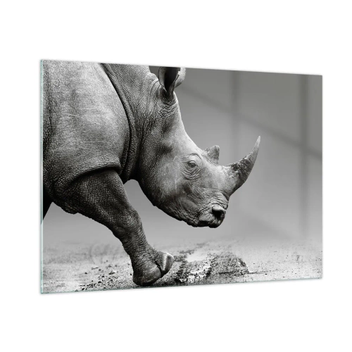 Glasbild - Bild auf glas - Ein Nashorn in Bewegung vor grauem Hintergrund - 100x70cm - Unaufhaltsame Stärke - Moderne Wanddekoration für Wohnzimmer und Schlafzimmer ARTTOR