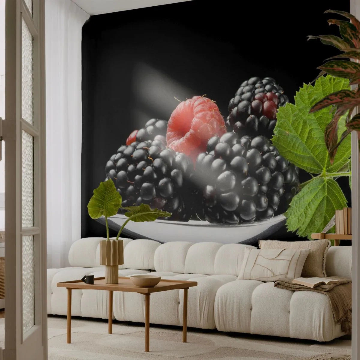 Fototapete Premium Sand - Brombeeren und Himbeeren auf einem silbernen Löffel mit einem grünen Blatt - 100x70cm - Der Geschmack der Frische - Moderne Wanddekoration für Wohnzimmer und Schlafzimmer ARTTOR
