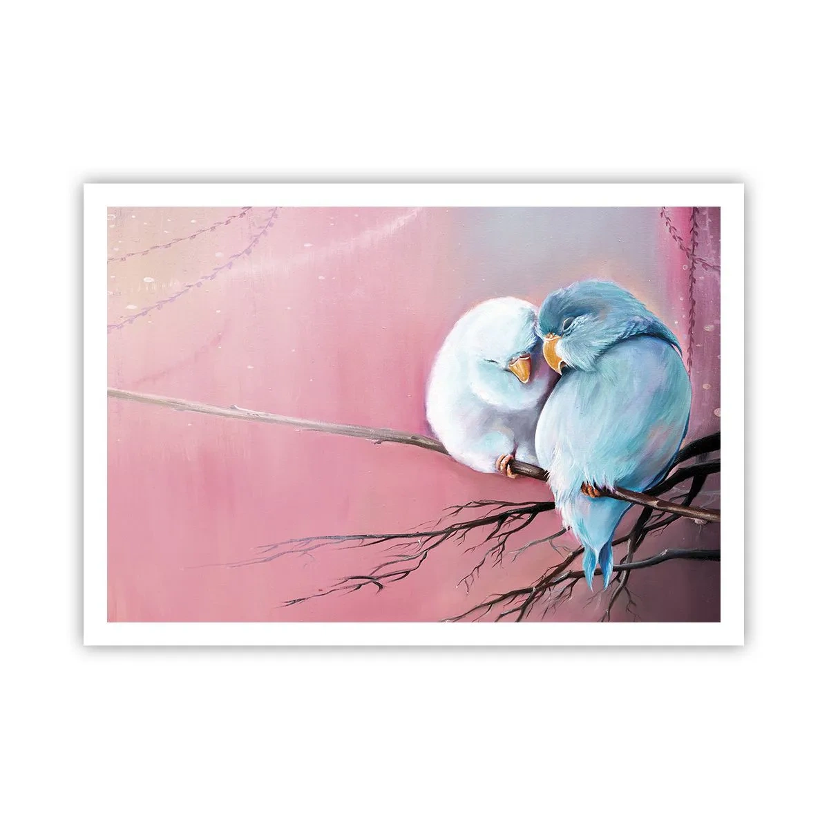 Poster - Zwei verliebte Vögel auf einem Ast auf rosa Hintergrund - 100x70cm - Was kann ich hier hinzufügen? ... - Moderne Wanddekoration für Wohnzimmer und Schlafzimmer ARTTOR