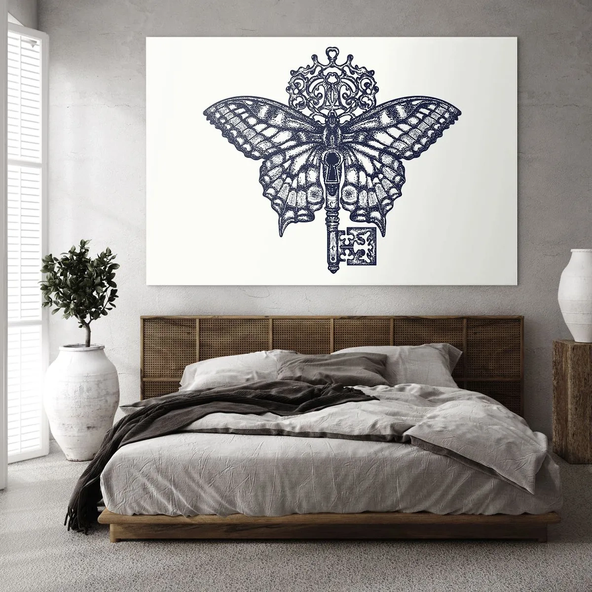 Glasbild - Bild auf glas - Abbildung eines Schmetterlings mit einem Schlüssel in der Mitte - 70x50cm - Alle Geheimnisse des Herzens - Moderne Wanddekoration für Wohnzimmer und Schlafzimmer ARTTOR