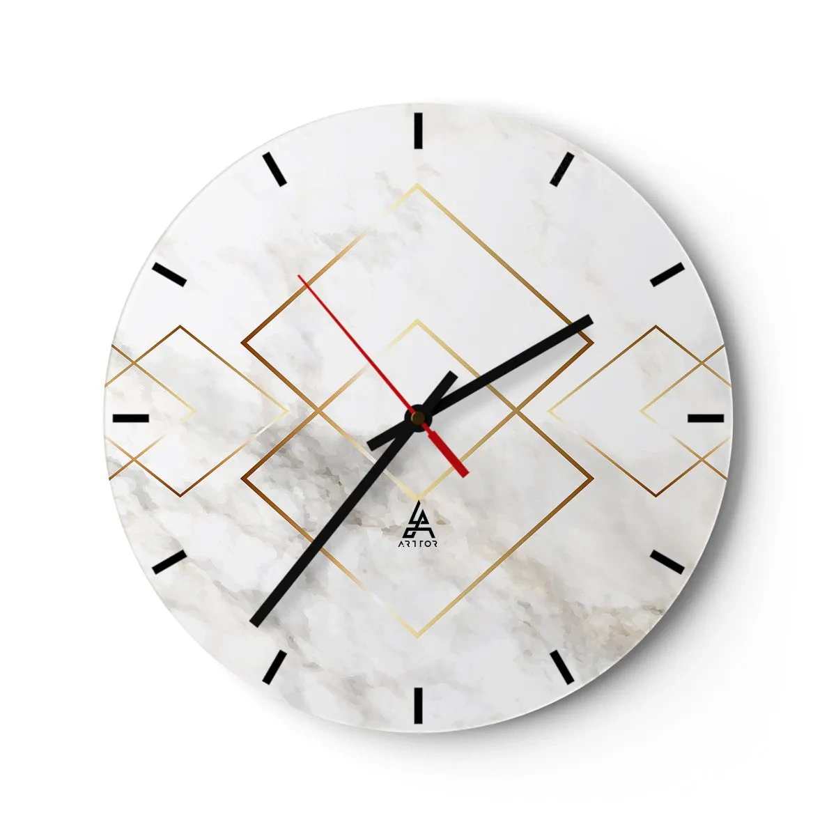 Wanduhr - Glasuhr - Geometrische Goldmuster auf weißem Marmorhintergrund - 30x30cm - Ein Blick in die Unendlichkeit - Moderne Wanddekoration für Wohnzimmer, Küche und Schlafzimmer ARTTOR