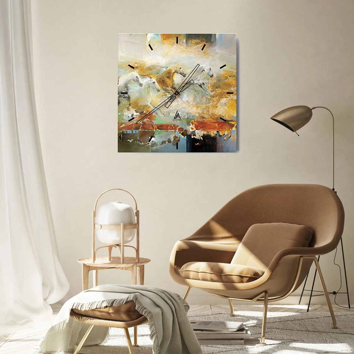 Wanduhr - Glasuhr - Künstlerische Pferde in einer dynamischen, farbenfrohen Umgebung - 30x30cm - Im Galopp durch das Licht - Moderne Wanddekoration für Wohnzimmer und Schlafzimmer ARTTOR