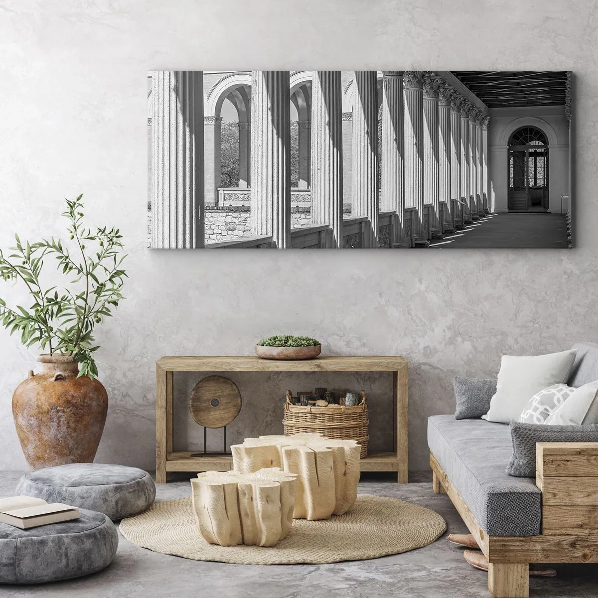 Bild auf Leinwand - Leinwandbild - Kolonnade im klassischen Stil in Schwarz und Weiß - 140x50cm - Sonnige Arkade - Moderne Wanddekoration für Wohnzimmer und Schlafzimmer ARTTOR