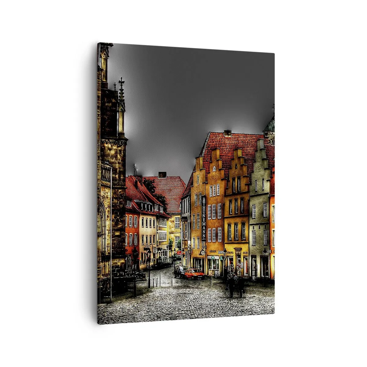 Bild auf Leinwand - Leinwandbild - Bunte Mietshäuser auf einer Kopfsteinpflasterstraße in der historischen Stadt - 50x70cm - Es fehlt nur noch ein verzaubertes Taxi - Moderne Wanddekoration für Wohnzimmer und Schlafzimmer ARTTOR