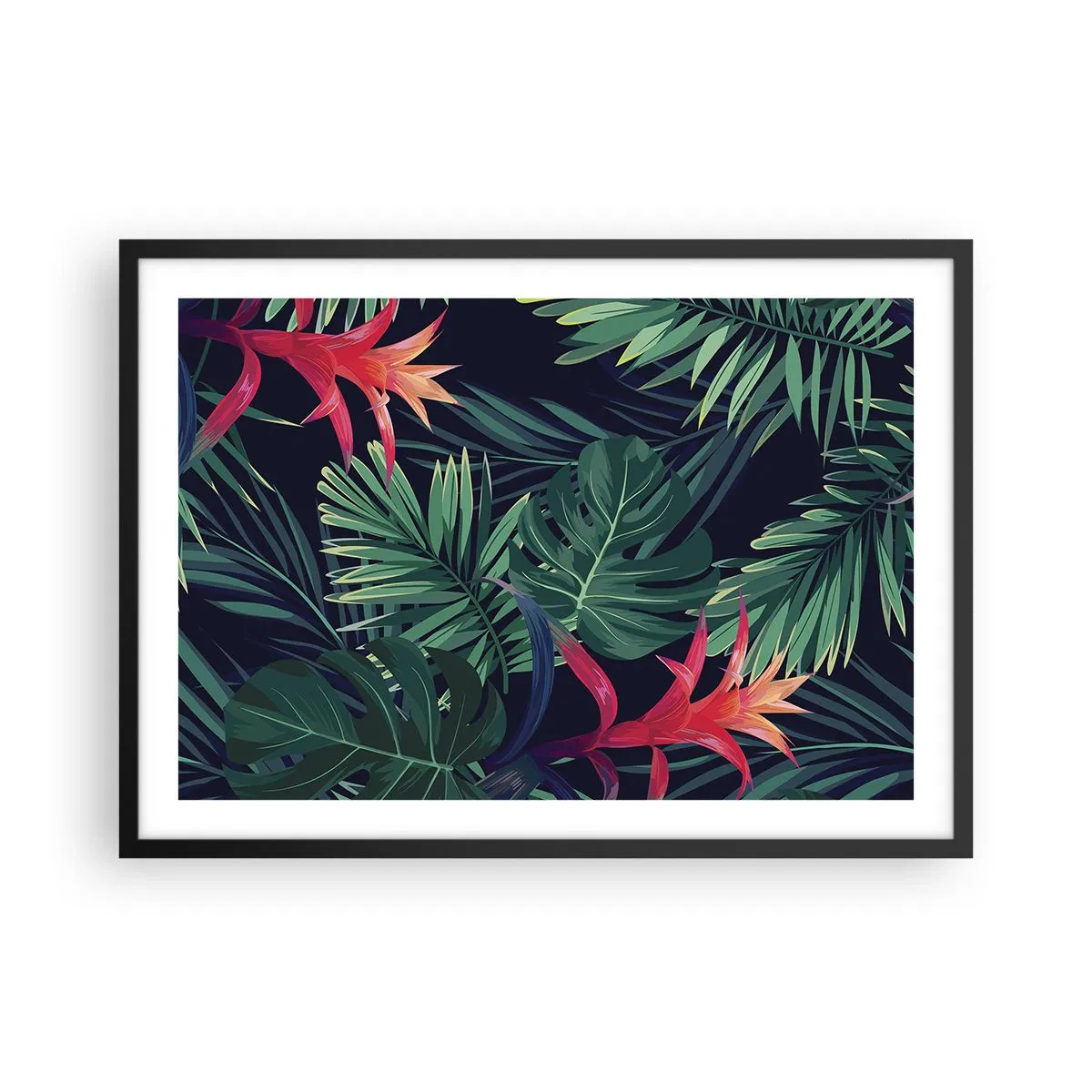 Poster in einem schwarzem Rahmen - Tropische Blätter und Blüten auf dunklem Hintergrund - 70x50cm - Im Grünen in Flammen gehen - Moderne Wanddekoration für Wohnzimmer und Schlafzimmer ARTTOR