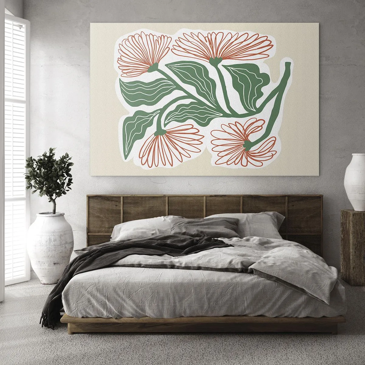 Glasbild - Bild auf glas - Dekorative Blumen im Folk-Stil auf hellem Hintergrund - 120x80cm - Im Folkstil und modern - Moderne Wanddekoration für Wohnzimmer und Schlafzimmer ARTTOR