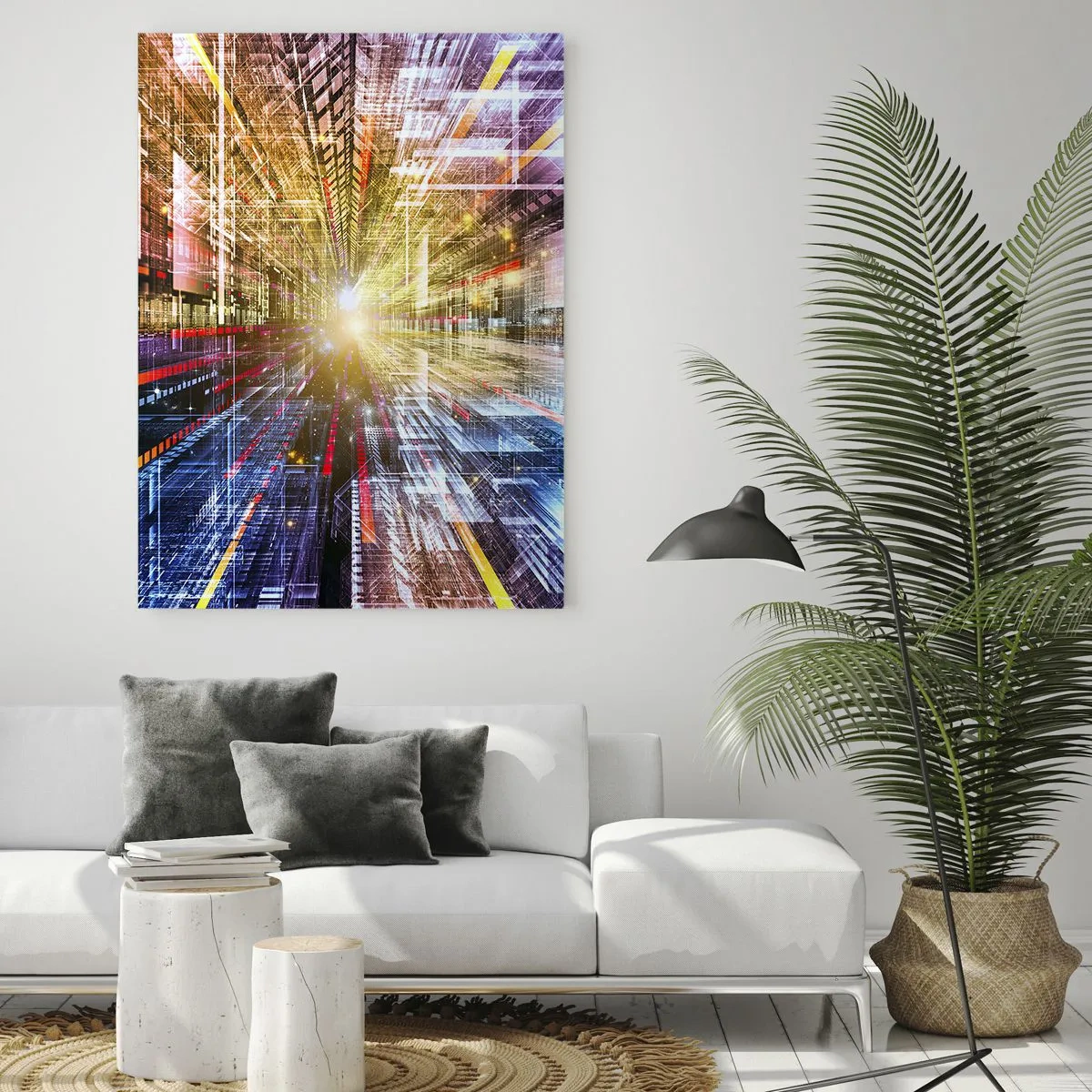 Glasbild - Bild auf glas - Dynamische Lichter in einem futuristischen Korridor - 70x100cm - Leuchtender Korridor - Moderne Wanddekoration für Wohnzimmer und Schlafzimmer ARTTOR