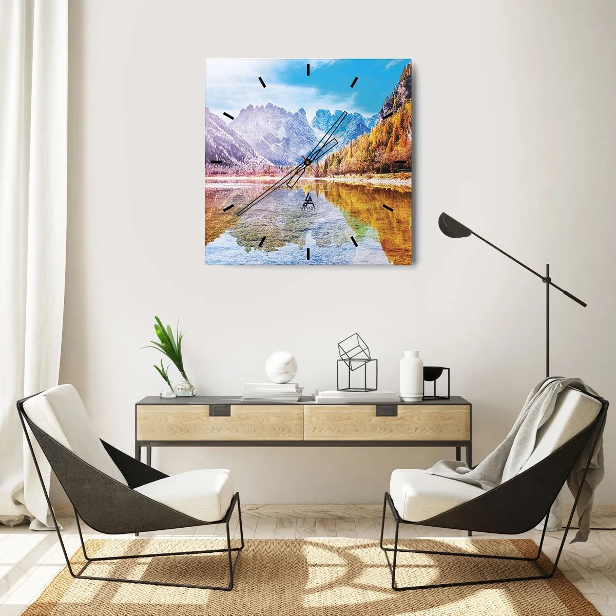 Wanduhr - Glasuhr - Herbstliche Berglandschaft mit See - 30x30cm - Und in den Bergen ist es schon Herbst - Moderne Wanddekoration für Wohnzimmer und Schlafzimmer ARTTOR