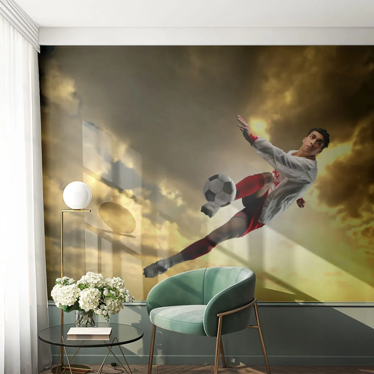 Fototapete Premium Canvas - Ein Fußballspieler in einem dynamischen Sprung kickt den Ball in den Himmel - 100x70cm - Fußballhimmel - Moderne Wanddekoration für Wohnzimmer und Schlafzimmer ARTTOR