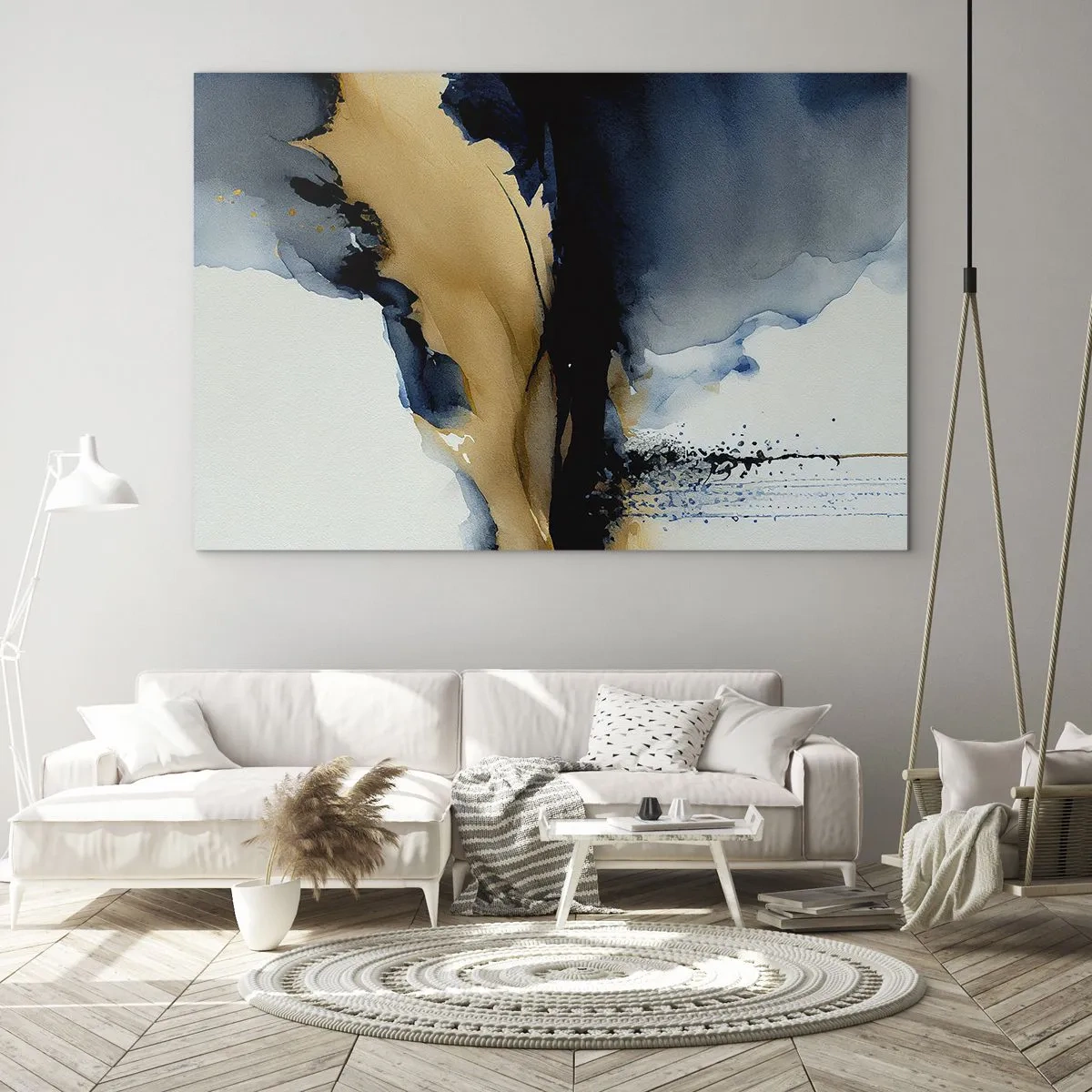 Glasbild - Bild auf glas - Eine abstrakte Komposition in Marineblau- und Beigetönen - 70x50cm - Hinter dem Vorhang - Moderne Wanddekoration für Wohnzimmer und Schlafzimmer ARTTOR