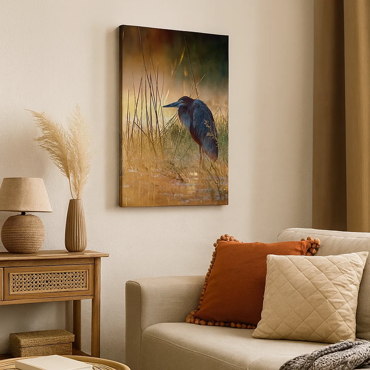 Bild auf Leinwand - Leinwandbild - Ein Reiher in den Feuchtgebieten bei Sonnenuntergang zwischen hohen Gräsern - 50x70cm - Komm, gib mir eine Pause mit diesen Fotos - Moderne Wanddekoration für Wohnzimmer und Schlafzimmer ARTTOR