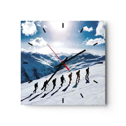 Wanduhr - Glasuhr - Eine Gruppe von Bergsteigern wandert einen schneebedeckten Hang hinauf - 30x30cm - Das Team der Eroberer - Moderne Wanddekoration für Wohnzimmer und Schlafzimmer ARTTOR