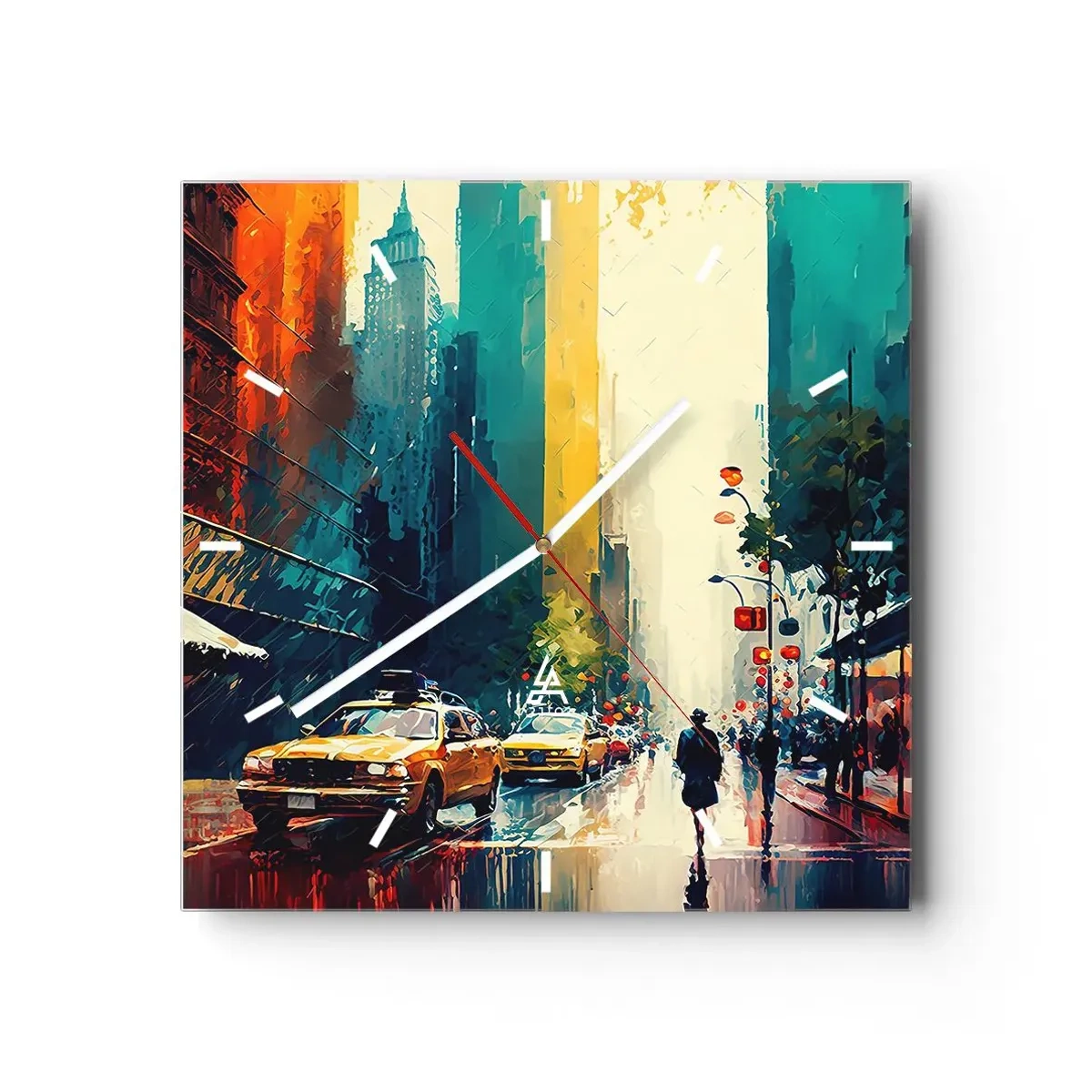 Wanduhr - Glasuhr - Eine geschäftige Stadt mit Taxis und Passanten - 30x30cm - New York – selbst der Regen ist hier bunt - Moderne Wanddekoration für Wohnzimmer und Schlafzimmer ARTTOR